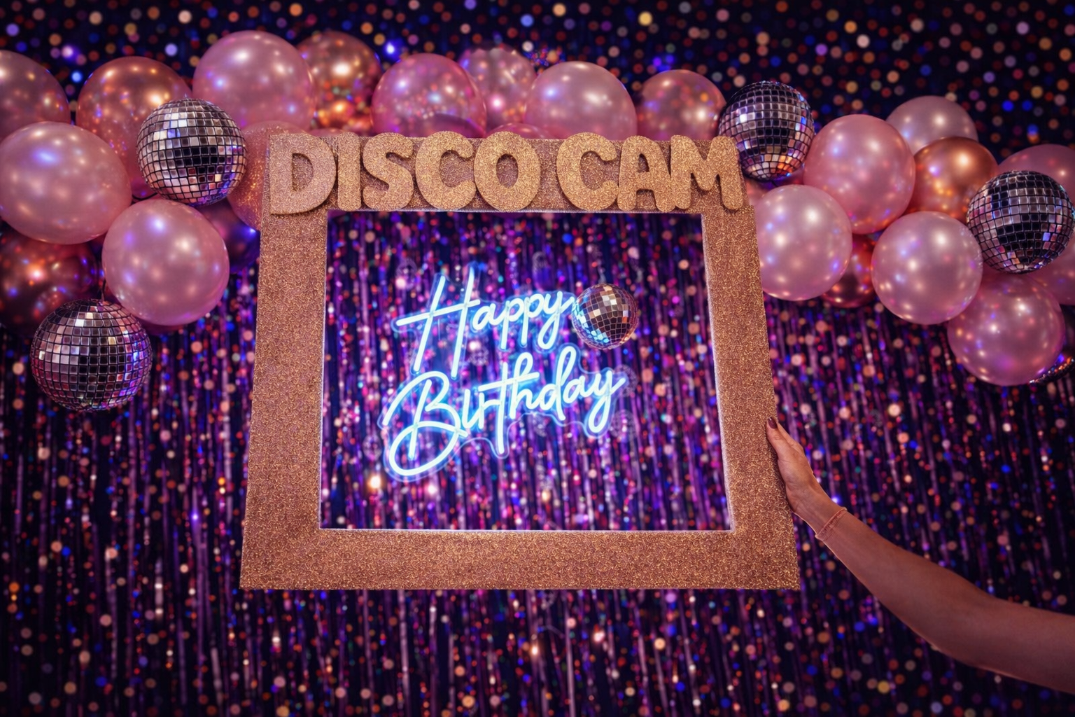 Disco Cam photobook station with instant camera, disco balls and pink sunglasses